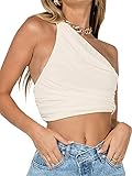 LYANER Women's Sexy Ruched One Shoulder Sleeveless Crop Top Strappy Cami Tank Beige Small