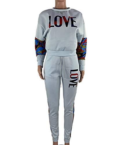 lexiart Women's Letter Print 2 Piece Outfits Camouflage Patchwork Long Sleeve Sweatshirt and Pants Set Sweatsuit Grey M
