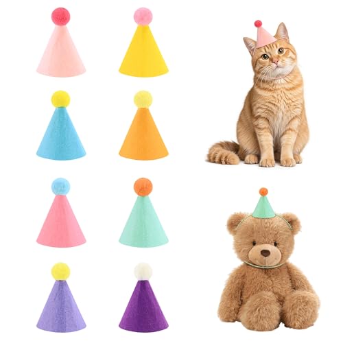 CANREVEL 8 PCS Mini Party Hats for Stuffed Animals Cone Birthday Hats Assorted Bulk Colorful Felt Party Animal Birthday Decorations Supplies for Dolls Dog Puppy Cat Kitten Rabbit