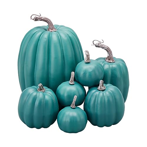 woshilaocai 7PCS Artificial Pumpkins Dcor Fall Harvest Thanksgiving/Halloween Holiday Farmhouse Decorations for Home (Teal)