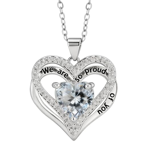 Pargleev Heart Pendant Graduation Necklace with Cubic Zirconia, Engraved Quote We are so proud of you, Jewellery Gift Box for Her Daughter Granddaughter Sister Friend