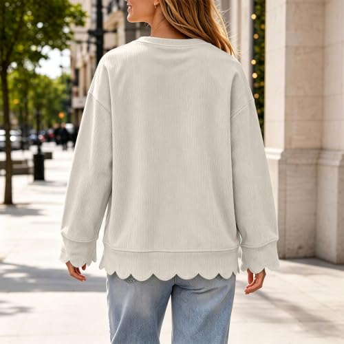 HswsEJ Womens Crewneck Sweatshirt Fall Corduroy Scalloped Bottom Sweatshirt - image 3