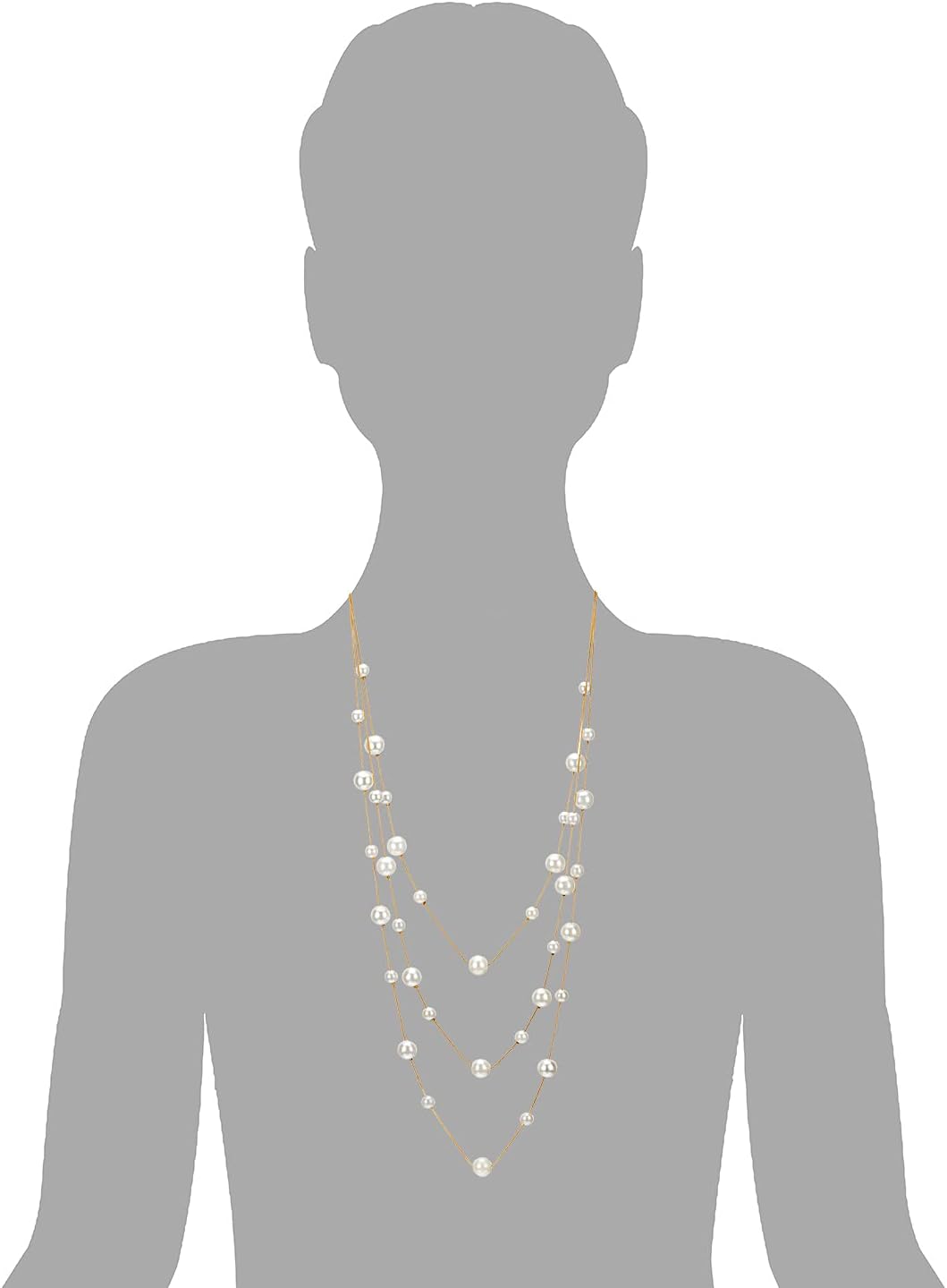 Statement Necklace Three-Strand Long Chains with Synthetic Pearl Beads, Elegant, Dress - Image 4