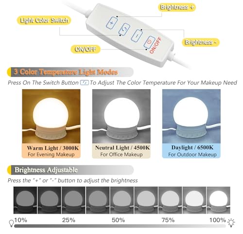 Image of LED Vanity Lights for Mirror,10 Dimmable Bulbs,3000K 4500K 6500K & Brightness Adjustable,Hollywood Mirror Lights for Makeup Dressing Room