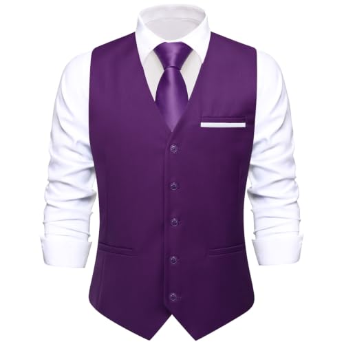 Image of Hi-Tie Men's Formal Suit Vest Solid Fit Vest for Men 3 Pockets V Neck Waistcoat Business Wedding Casual
