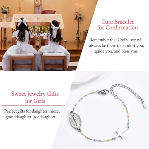 Image of Cross Beaded Bracelet for Girls - Confirmation Gifts Catholic Religious Christian Jewelry Baptism Decorations for Goddaughter