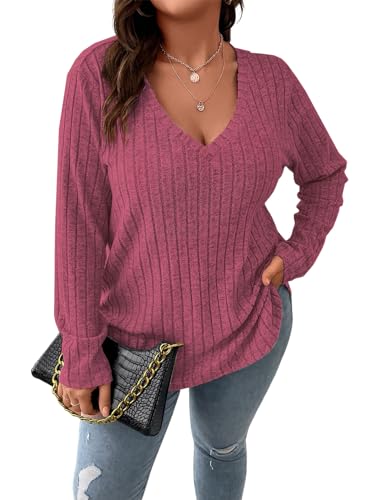 Image of Koscacy Women Plus Size Casual Knit Sweater V Neck Solid Color Tops Lightweight Long Sleeve Blouses