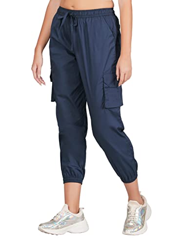Image of fabcoast Multi-Pocket Cargo Cotton Poplin Jogger Pants for Women Summer Wear Full Elastic with Drawstring and 2 Side Pockets, 2 Back Pockets and 2 Leg Pockets