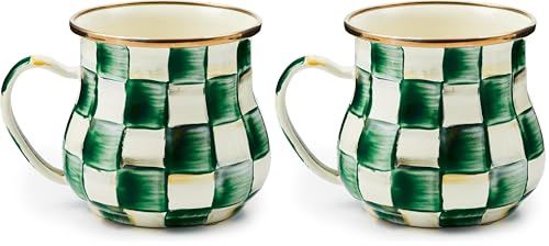 Image of MACKENZIE-CHILDS Enamel Mug, Cute Enamelware Tea or Coffee Mug, 16 Ounces, Green-and-White Emerald Check (Pack of 2)