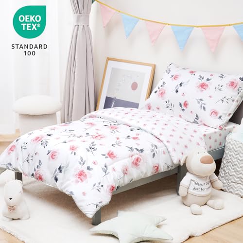 Image of david's kids 4 Piece Toddler Bedding Set - Soft Breathable Toddler Bedding Set for Girls, Includes Quilted Comforter, Flat Sheet, Fitted Sheet and Pillowcase, Pink Floral