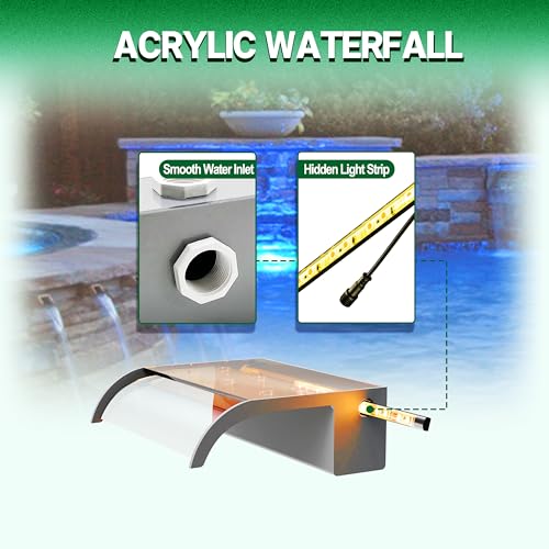 LONGRUN 60cm Teich Wasserfall Klingen Set, Acryl Gebogener Wasserfall Überlauf, Außenpool Brunnen mit 7 Farben Bluetooth LED Lichtern und Fernbedienung, Breite 26cm
