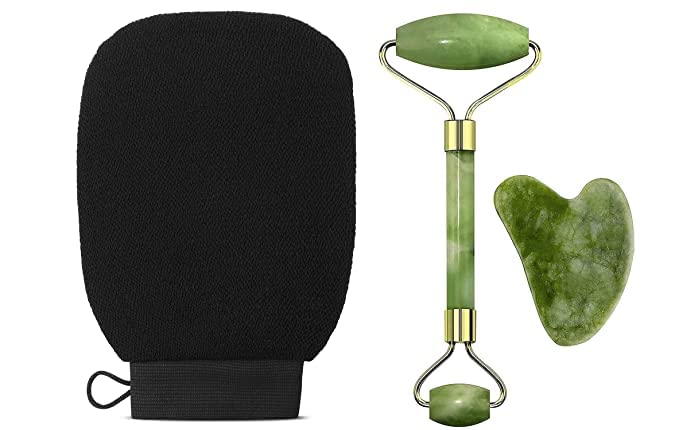 Exfoliating Gloves for Body Cleansing and Scrubbing, Bath Gloves Tan Removal-made of Natural Fibre, Gentle on the Skin, Sustainable, With 100% Natural Stone Jade Roller & Gau Sha Stone-multi-image-30