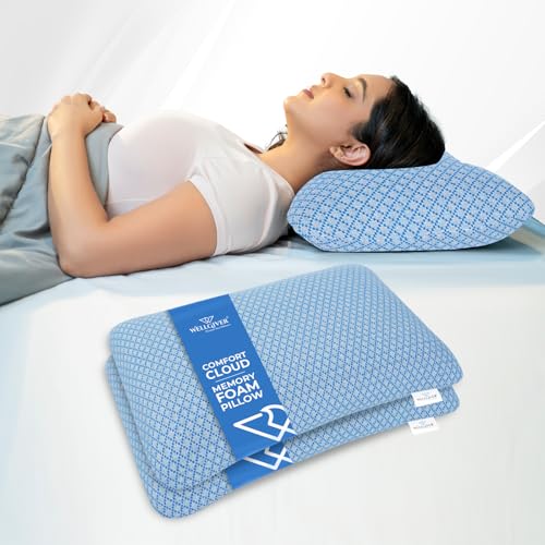 Image of WELLGIVER Ergonomic Memory Foam Pillow for Neck Pain | 2 Years Warranty | 21 x 14 x 4.5 Inch | Orthopedic Pillow for Side Sleeping | Removable Washable Jacquard Blue Cover | Pack of 2