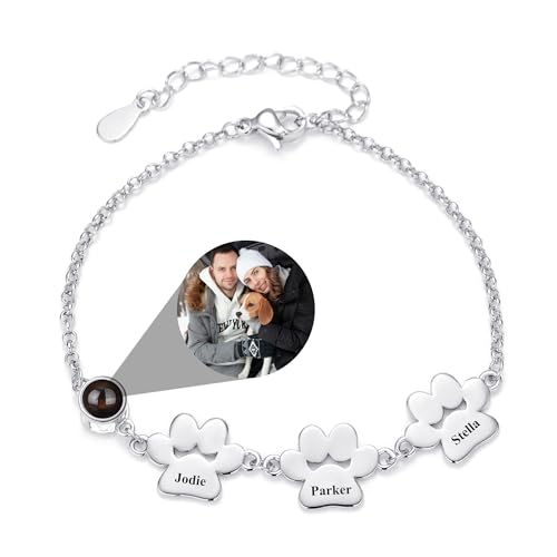 IBLUCTRY Pulseira personalizada de projeção de pata de cão, pulseira com nome de pegada de cão, joalharia comemorativa para mulheres, amantes de animais, Dia da Mãe, Natal, presente de, Cobre