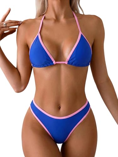 Bikini set bleu moyen halter string maillot de bain 2 pièces triangle