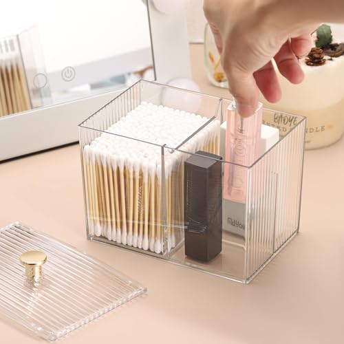 Image of Tbestmax Qtip Holder Dispenser 3-Section Clear Bathroom Container Organizer 3 Grids Cotton Swab /Pad /Ball Holder Container Cosmetics Storage for Vanity