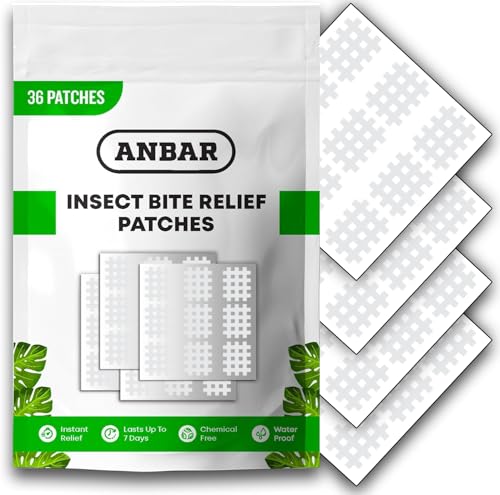 Anbar Bug Bite Itch Relief Patches to Relieve Itchy Irritation and Swelling Mosquito Tick Midge Fly and Sandfly Post-Bite Skincare Natural Deet-Free Patch 36 Pcs Clear
