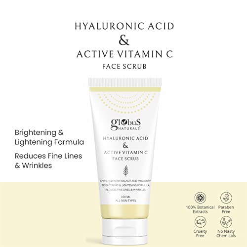 Image of Globus Naturals Hyaluronic Acid & Vitamin C Anti Ageing Face Scrub, Enriched with Rose & Glycerine, Skin Lightening & Brightening Formula, 100 gm