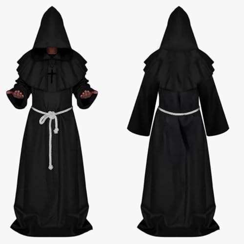HuaMuDM Mönch Priester Gewand, Männer Mönchskutte, Mönch Robe Kostüm Mittelalter Umhang, Robe Mönch Kostüm Herren mit Kapuze und Kreuz,Monk Priester Costume Cosplay für Halloween, Karneval (M)