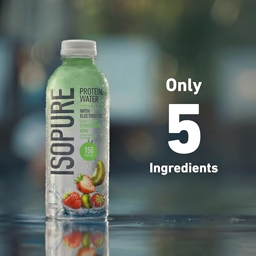 Image of Isopure Clear Protein Water with Electrolytes, 15g Whey Protein Isolate, Zero Sugar, Strawberry Kiwi, 20 fl oz, 12-Pack