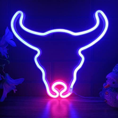 ENSHUI Bull Neon Sign for Wall Decor, USB/Battery Powered Cow Gift LED Neon Lights for Bedroom, Kids Room, Wedding, Bar, Cow Party Decoration (Blue/Pink)