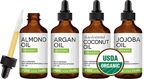 Pure Acres Farm USDA Organic Carrier Oil Kit - Includes: Argan, Almond, Jojoba and Fractionated Coconut Oil for Hair and Skin (1oz)