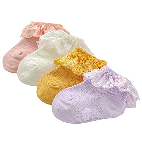 4 Pairs Toddler & Girls Eyelet Frilly Dress Socks Ruffle Socks Princess Lace Cotton Socks