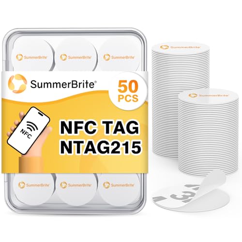 Summerbrite 50PCS NFC Tags NFC Stickers NTAG 215 Chip NFC Tag with Adhesive Back RFID Tag Round NFC Cards Rewritable NFC 215 Tag 504 Bytes Memory Compatible with Most NFC-Enabled Devices-White