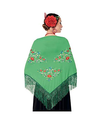 Châle Manille Chulapa Femme 【Taille adulte 150 x 60 cm 】[Couleur verte] Déguisement Chulapas Châle Flamenco brodé Saint Isidro