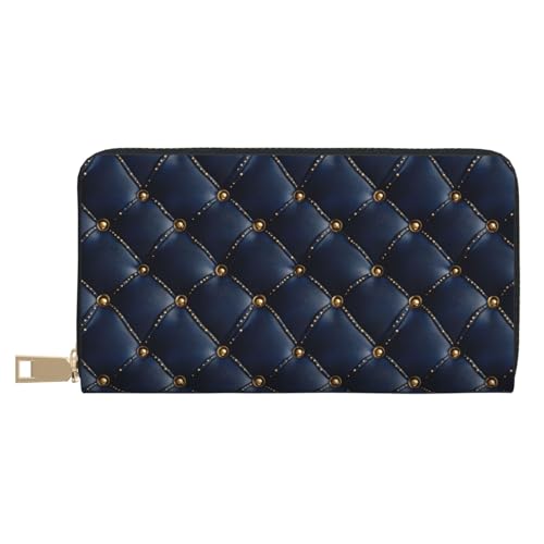 Vintage Navy Leather Plaid Print Wallet Women, Leather Bifold Multi Card Wallet, Long Purse Women's Wallets