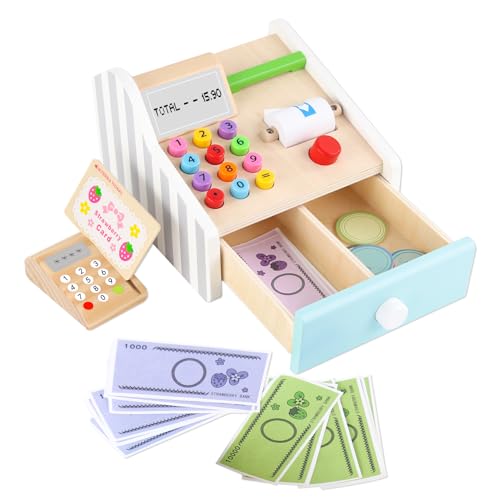 Ranqibo Pretend Play Cash Register for Kids, 39Pc STEM Toy Casher Register with Play Money, Credit Card, POS - Play Money for Toddler Ages 3+