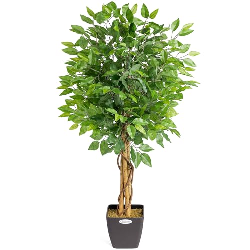 CHRISTOW Artificial Ficus Tree, Fake Weeping Fig House Plant for Home Decoration, Lifelike Green Leaves, Natural Wooden Trunk with Twists, Weighted Pot, Indoor Outdoor (120cm / 4ft)