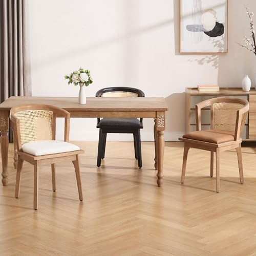 Image of BESTANO Rattan Dining Chairs Set of 2, Mid Century Modern Farmhouse Wood Dining Room Chairs, Leather Upholstered Comfortable Kitchen Dining Side Chair with Cane Woven Back, Brown