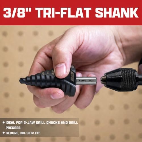 Image of NEIKO 10612B Step Drill Bit, 10 Steps 1 /4 inch to 1-3 /8 inch Spiral M35 Cobalt, AlTiSiN Coated, 3 /8 inch Tri-Flat Step Bits for Steel, Metal, Wood, Plastic, Unibit Cone Drill Bits, Two Flute