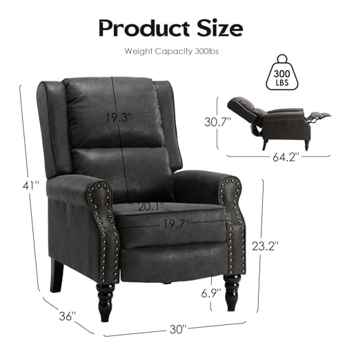 Image of Leather Recliner Chair, Pushback Recliner Chair with Adjustable Backrest Footrest, Mid Modern Reclining with Overstuffed Arms Lumbar Support for Reading, Living Room, Black