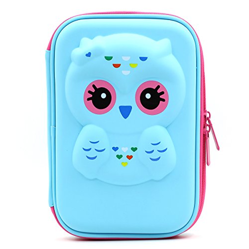 JUJIN Cute Owl Face Hardtop EVA Pencil Case Big Pencil Box With Compartment For Kids (Light Blue)…
