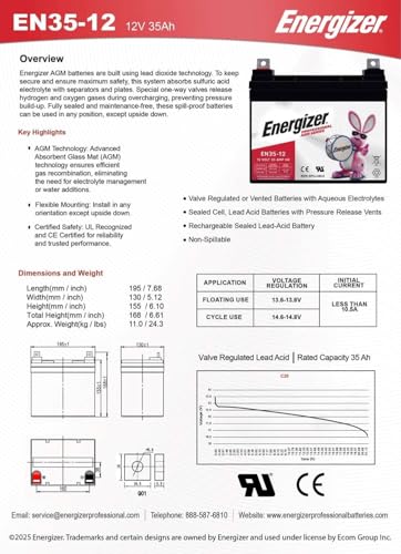 Image of Energizer EN35-12 - 2 PACK - 12 Volt 35 Amp Hr, Long Lasting Sealed Lead Acid AGM Rechargeable Battery Ideal For Use In Wheelchairs, Electric Scooters, Backup Power, and more