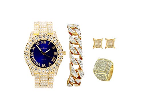 Mens Gold Big Rocks Bezel Dial with Roman Numerals Fully Iced Out Watch Cuban Bracelet, Pave Earrings, and Mens Bling King Ring - ST10327setCBER (8, Gold-Blue)