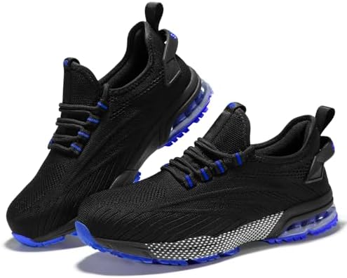 SPIEZ Composite Toe Slip Resistant Safety Shoes, Non-Steel-Toe Ultra Lightweight Air Cushion Puncture Proof Athletic Gym Breathable Unisex Safety Trainers Black/Blue UK2.5-11