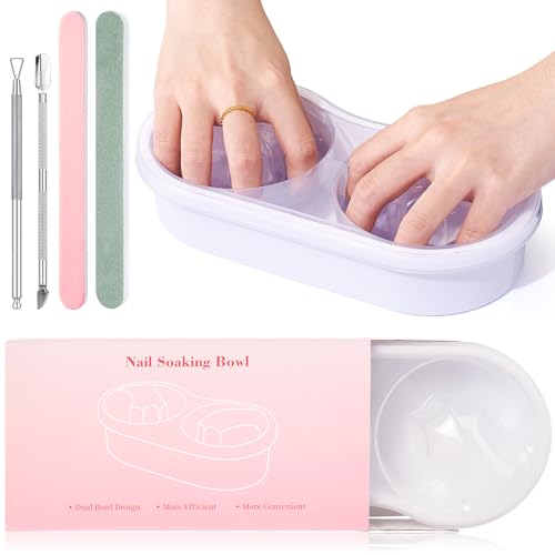 Quaferen Tazón doble para remojar uñas: cuenco de manicura 2 en 1 con herramientas de cutícula para mujeres, kit de eliminación de uñas acrílicas que ahorra tiempo para salón de belleza y hogar