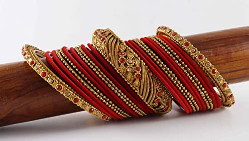 Image of NMII Metal with Zircon Gemstone and Beads Studded Ball Chain Linked Glossy Finished Velvet Bangles Chuda set for Women and Girls