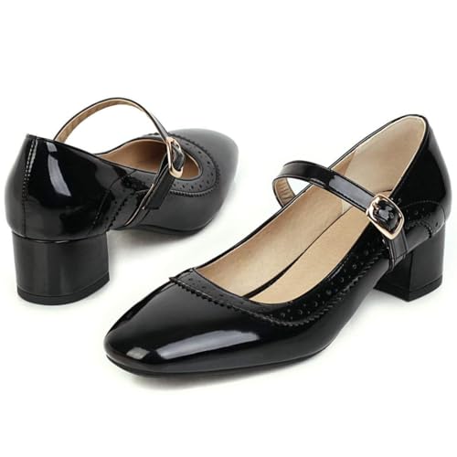 MAVMAX Women's Patent Leather Mary Janes Mid Block Heel Rockabilly Pumps2