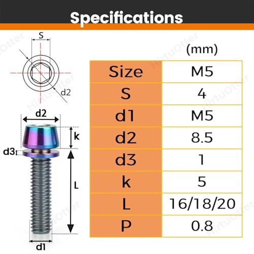 Image of 6 pcs M5 x 16 Titanium Allen Hex Bolts with Washer Screws & Wrench, for Bicycle Stems /Bike Handlebars /Brake Systems /Motorcycles /Camping Gear, Tapered Head Anti-Corrosion Fasteners(Rainbow)