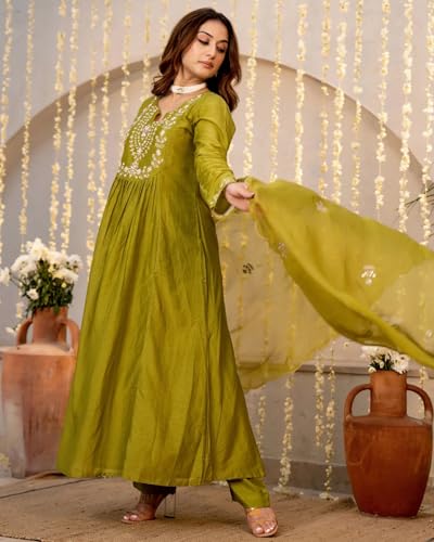 Image of Nermosa Women Embroidery Solid A-Line Kurta and Pant Set with Dupatta