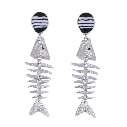 Fish Bone Dangle Drop Earrings for Women 14K Gold-Plated Silver Vintage Fishbone Pendant Earrings Personalized Oil Drip Fish Skeleton Earring Jewelry Funny Fish-Tail Long Earring Accessory Gift (Silver)