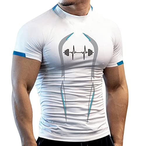 Camiseta de verano para hombre, alta elasticidad, estampado deportivo, manga corta, secado rápido, transpirable, camiseta de fitness, Blanco, XXL