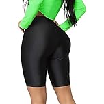 SamHeng Women's Shiny High Waist Metallic Cycling Shorts, Quick Dry Stretchy Biker Leggings, Knee Length Slim Fit Running Shorts for Sports Workout Fitness Dance Pilates Black