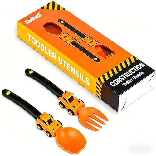 Image of Deinyi Construction Toddler Utensils - Toddler Forks and Spoons - Kids Construction Toys Utensils - Orange