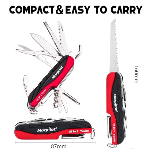 Morpilot 15 in 1 Multi Tools aus Edelstahl, Multifunktionswerkzeug, 4 in 1 Feuerstein, mit Schraubendreher, Pfeife, Säge und Compassrstein