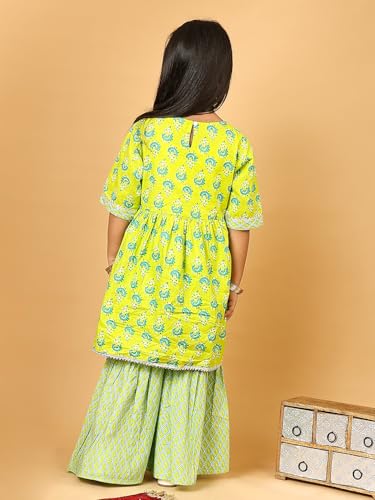 Image of superminis Baby Girl's Cotton Sanganeri /Floral Printed Frock Style Kurti With Printed Sharara Dress Clothing Set